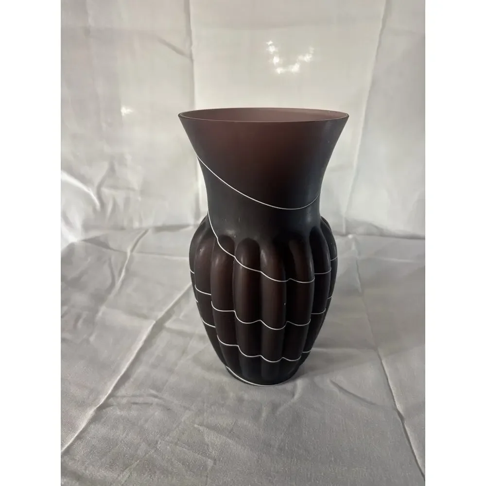 Vintage Amethyst Satin Art Glass Vase Frosted Plum Ribbed Flared White Swirl9.5”